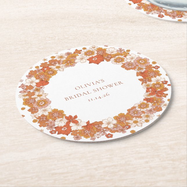 Groovy Boho Orange Floral Bridal Shower Custom  Round Paper Coaster (Angled)