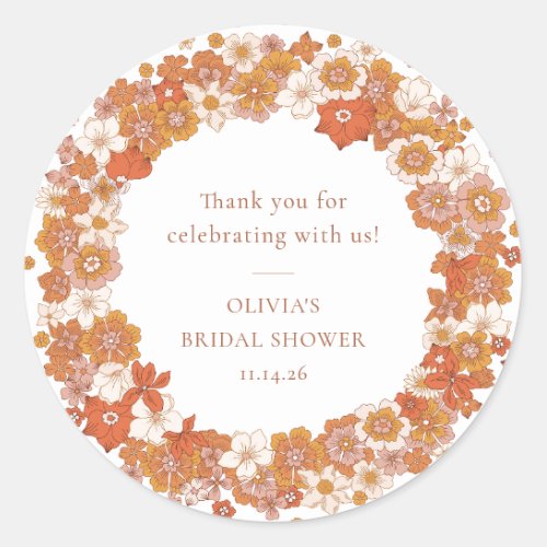 Groovy Boho Orange Floral Bridal Shower Thank You Classic Round Sticker