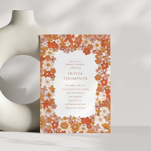 Groovy Boho Orange Floral Frame Bridal Shower Invitation