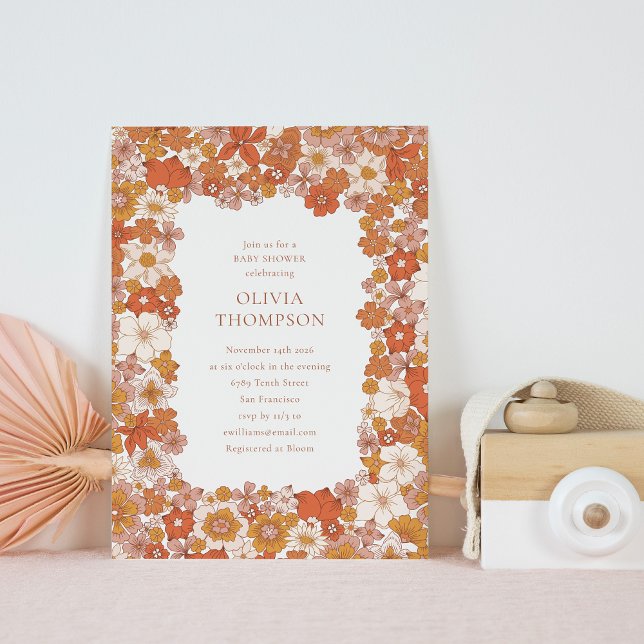 Groovy Boho Orange Floral Frame Cute Baby Shower Invitation (Creator Uploaded)