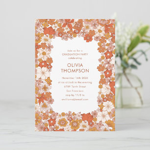 Groovy Boho Orange Floral Frame Graduation Party Invitation