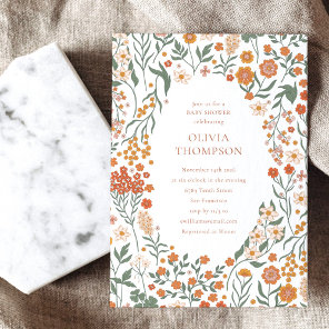Groovy Boho Orange Wildflower Whimsy Baby Shower Invitation