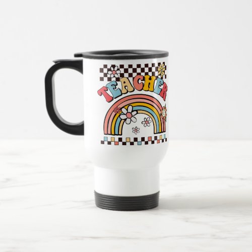 Groovy boho rainbow flowers checkerboard teacher  travel mug