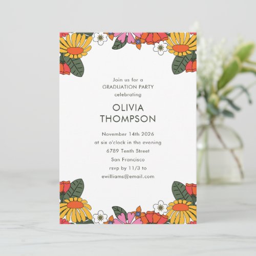 Groovy Boho Retro Flower Frame Graduation Party Invitation