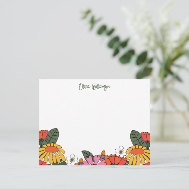 Groovy Boho Retro Flowers Personalized Stationery Note Card (Standing Front)