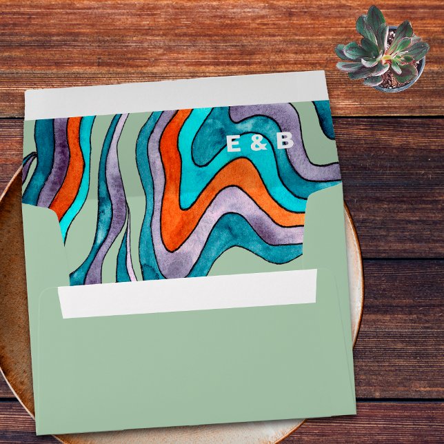 Groovy Boho Retro Green Wavy Typography Wedding Envelope (Back (Bottom))
