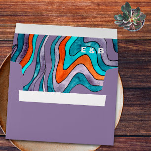 Groovy Boho Retro Purple Wavy Typography Wedding Envelope