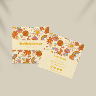 Groovy Boho Retro with Colorful 70s Floral Design  Square Business Card