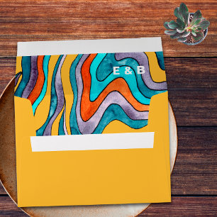Groovy Boho Retro Yellow Wavy Typography Wedding Envelope