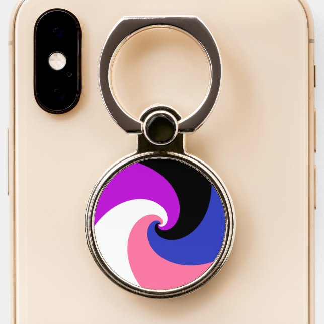 Groovy Boho Spiral Abstract Genderfluid Pride Flag Phone Ring Stand (Close Up)