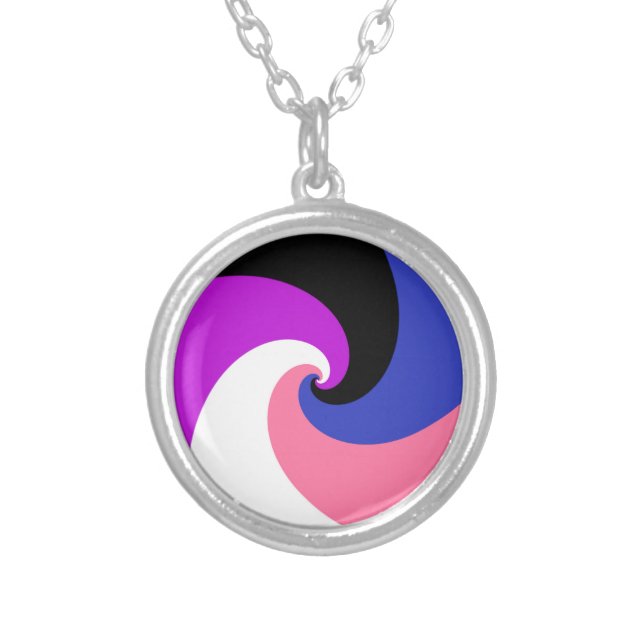 Groovy Boho Spiral Abstract Genderfluid Pride Flag Silver Plated Necklace (Front)