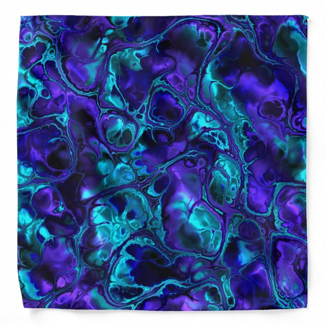 Groovy Boho Vibrant Blue Monochrome Fractal Marble Bandana (Front)
