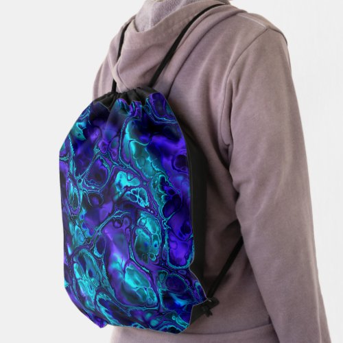 Groovy Boho Vibrant Blue Monochrome Fractal Marble Drawstring Bag