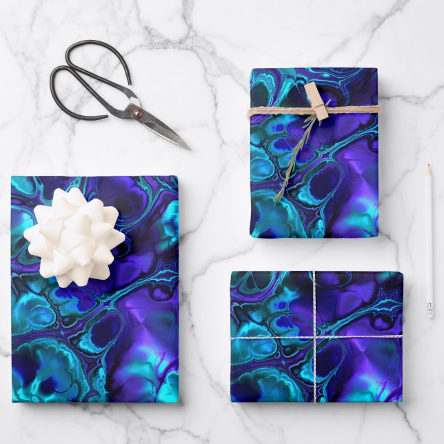 Groovy Boho Vibrant Blue Monochrome Fractal Marble Wrapping Paper Sheets (Front)