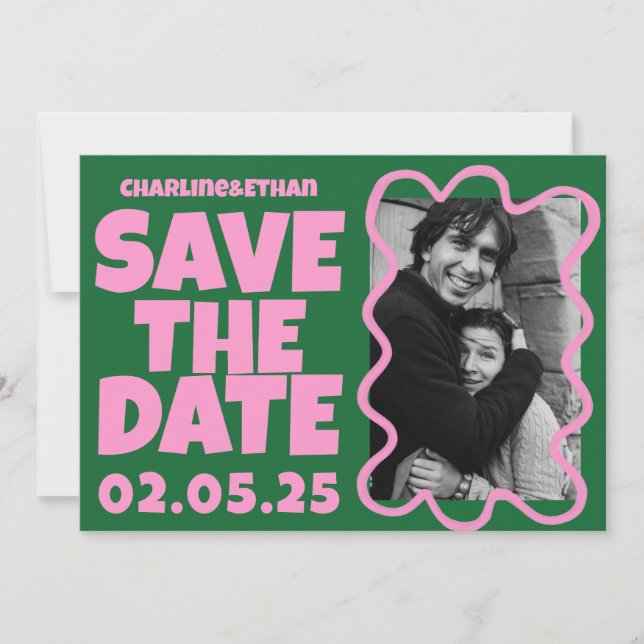Groovy Bold Green Pink Red Funky  Save The Date (Front)