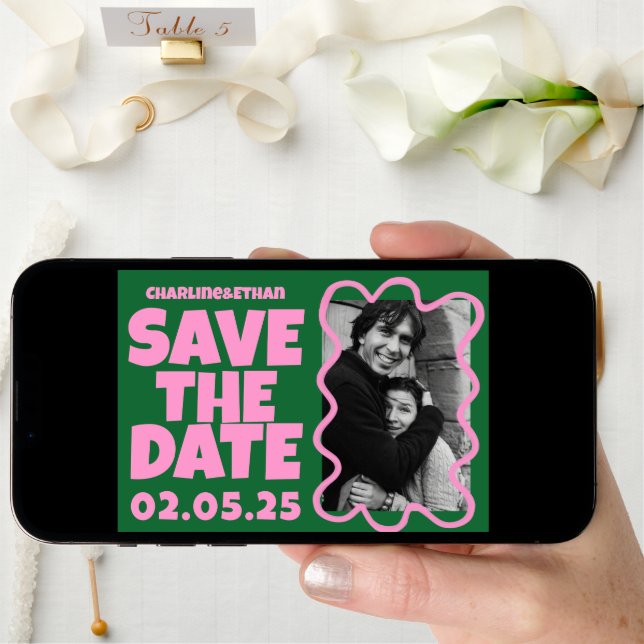 Groovy Bold Green Pink Red Funky  Save The Date (Front Digital)