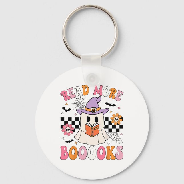 Groovy Booooks Ghost Read More Books Funny Teacher Keychain (Front)