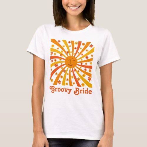 Groovy Bride Retro Sun with flowers  T_Shirt