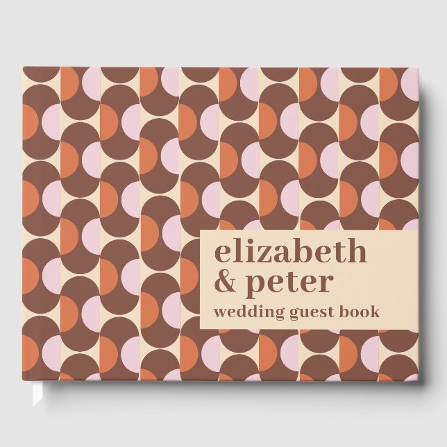 Groovy Brown Retro 70s Geometric Wedding Guest Book (Front)