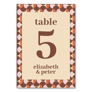 Groovy Brown Retro 70s Geometric Wedding Table Number