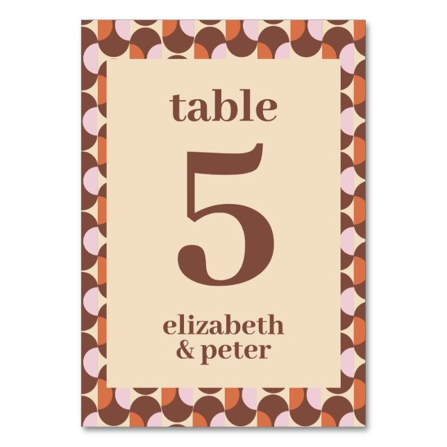 Groovy Brown Retro 70s Geometric Wedding Table Number (Front)