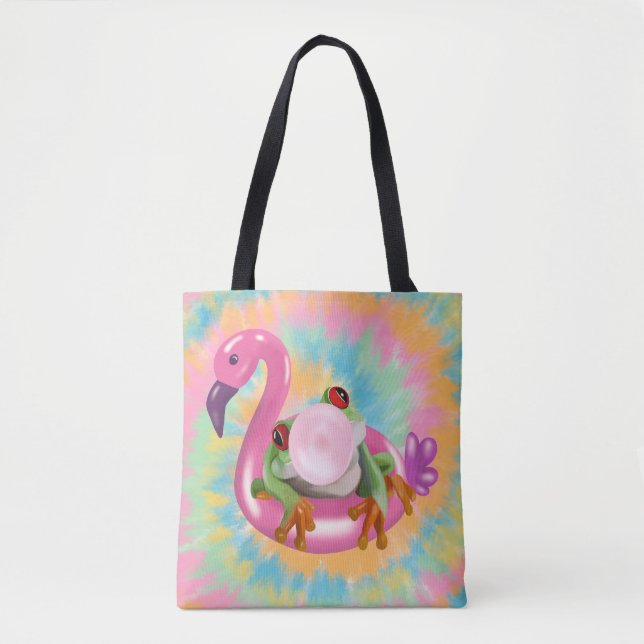 Groovy Bubblegum Blowing Tree Frog Tie Dye  Tote Bag (Front)