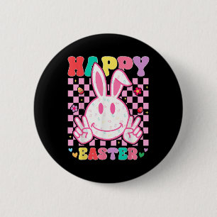 Groovy Bunny Smile Face Happy Easter Day Men Kids Button