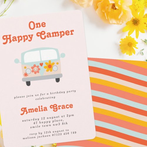 Groovy Camper Van Girls 1st Birthday Invitation