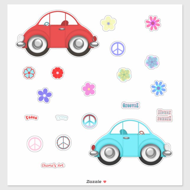 Groovy Cars Peace Love and Flowers Sticker (Sheet)
