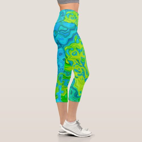 Groovy Chartreuse and Aquamarine Liquid Swirl Capri Leggings