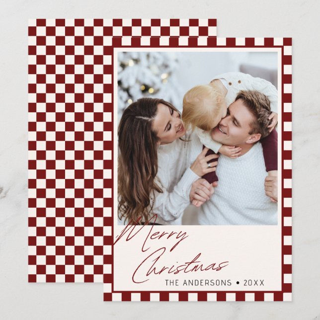 Groovy checkered Editable Color Christmas Photo Holiday Card (Front/Back)