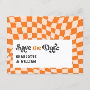 Groovy Checkered Retro Wedding Save the Date Postcard