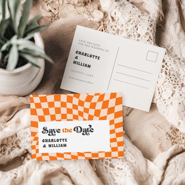 Groovy Checkered Retro Wedding Save the Date Postcard (Creator Uploaded)