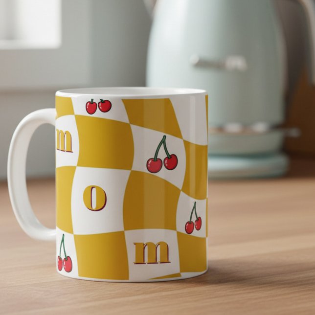 Groovy Cherry Checkerboard Kitchen Kitsch Mom Coffee Mug (Groovy Mom Mug with checkerboard and cherries by Darling & May)