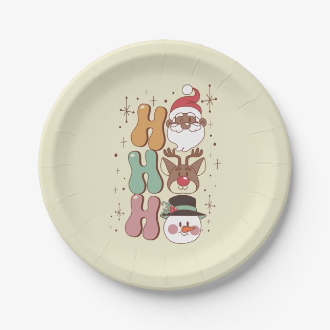 groovy christmas black santa reindeer snowman ho paper plates (Front)