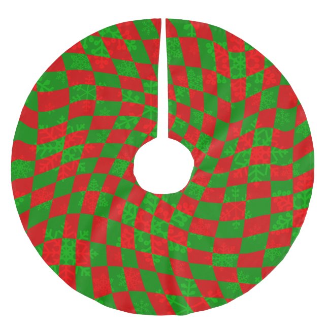 groovy christmas checkered swirly 1960s snowflakes brushed polyester tree skirt (Front)