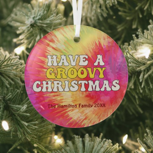 Groovy Christmas Custom Tie Dye Hippie 70s Family Glass Ornament