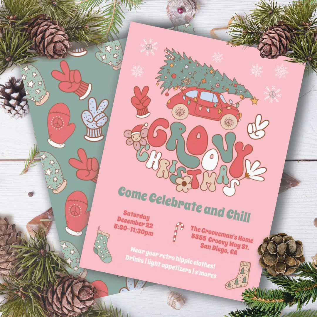 Groovy Christmas Hippie Party Car Tree Invitation
