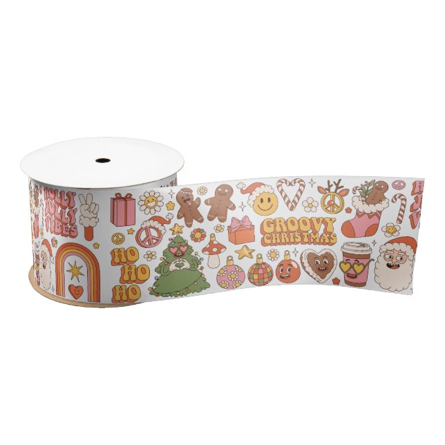 Groovy Christmas Hippie Retro Merry Santa Funny Satin Ribbon (Spool)
