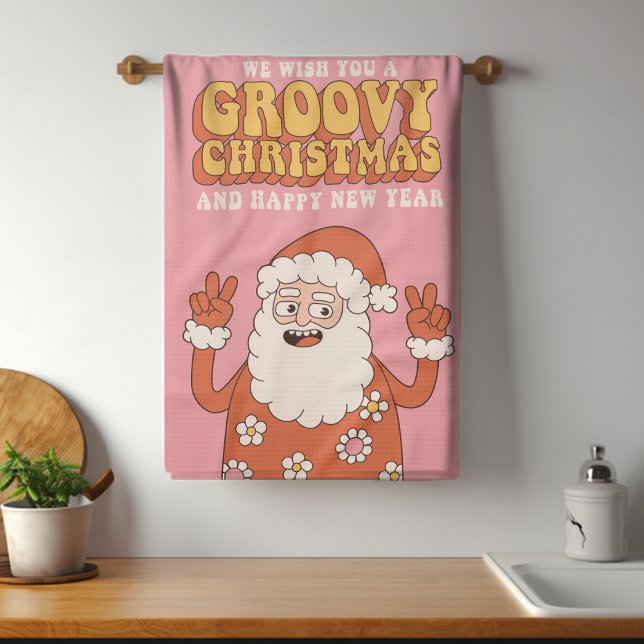 Groovy Christmas Merry Santa Funny Retro Hippie Kitchen Towel (Creator Uploaded)