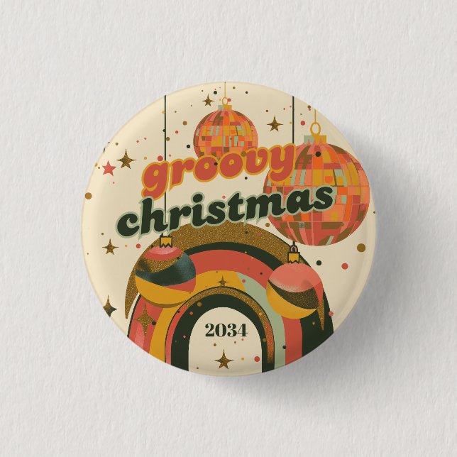 Groovy Christmas Party Retro 70's Theme Button (Front)