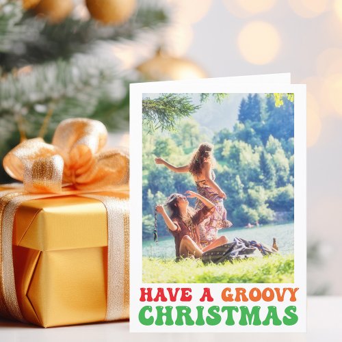 Groovy Christmas Photo Cute Colorful Folded Hippie Holiday Card