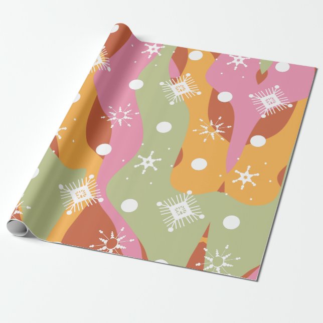 Groovy Christmas Snowflakes Waves Wrapping Paper (Unrolled)