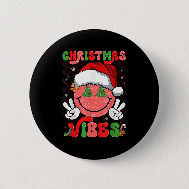 Groovy Christmas Vibes Smile Face Santa Hat Xmas M Button (Front)