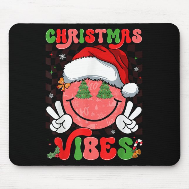 Groovy Christmas Vibes Smile Face Santa Hat Xmas M Mouse Pad (Front)