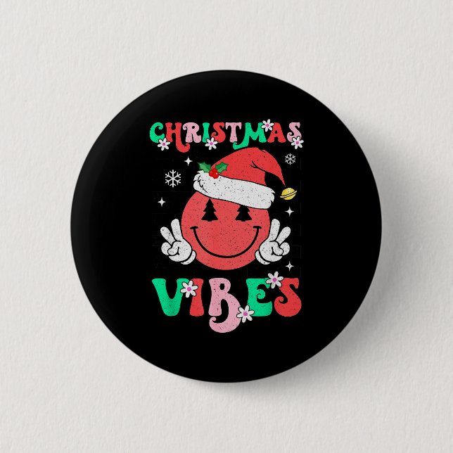 Groovy Christmas Vibes Smile Face Santa Hat Xmas T Button (Front)