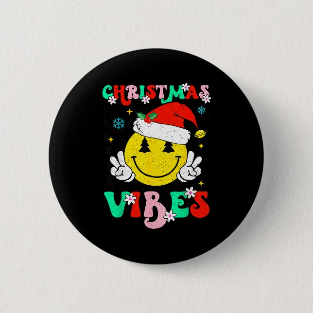 Groovy Christmas Vibes Smile Face Santa Hat Xmas T Button (Front)