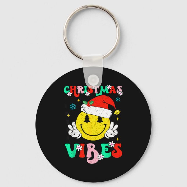 Groovy Christmas Vibes Smile Face Santa Hat Xmas T Keychain (Front)