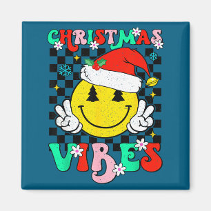 Groovy Christmas Vibes Smile Face Santa Hat Xmas T Magnet