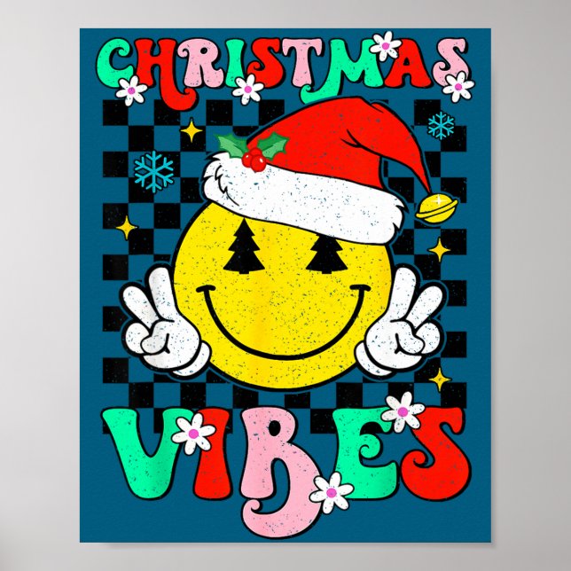 Groovy Christmas Vibes Smile Face Santa Hat Xmas T Poster (Front)